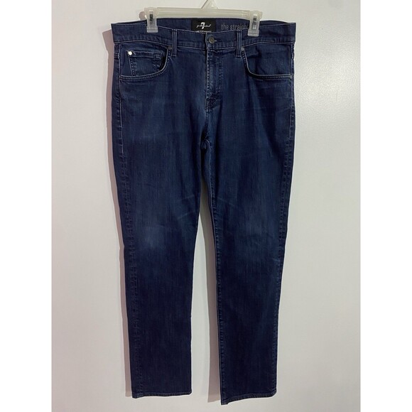 7 For All Mankind Jeans Men 36x33 Blue The Straight Western Biker Dark Wash - Picture 1 of 12